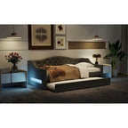 Upholstered Twin XL Size Daybed with LED Belt and Trundle, Gray