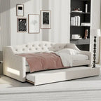 Upholstered Twin XL Size Daybed with LED Belt and Trundle, Gray