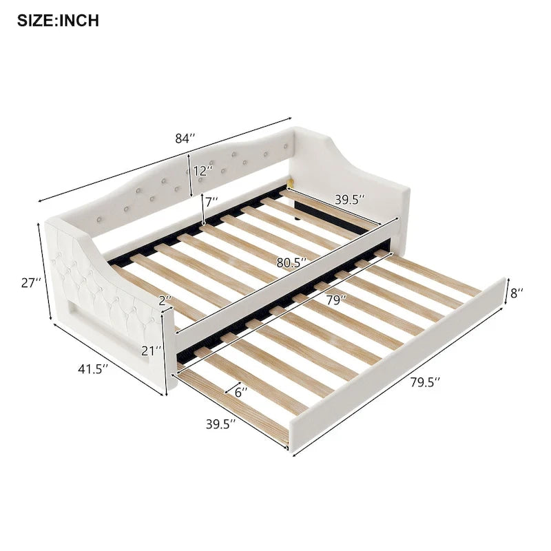 Upholstered Twin XL Size Daybed with LED Belt and Trundle, Gray