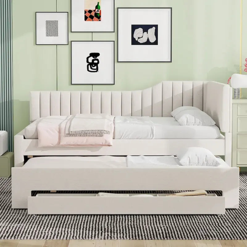 Full Size Upholstered Daybed with Trundle and Three Drawers, Gray