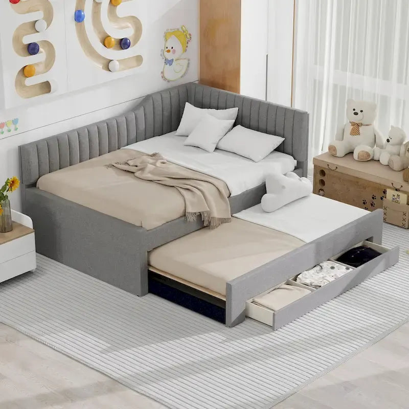 Full Size Upholstered Daybed with Trundle and Three Drawers, Gray