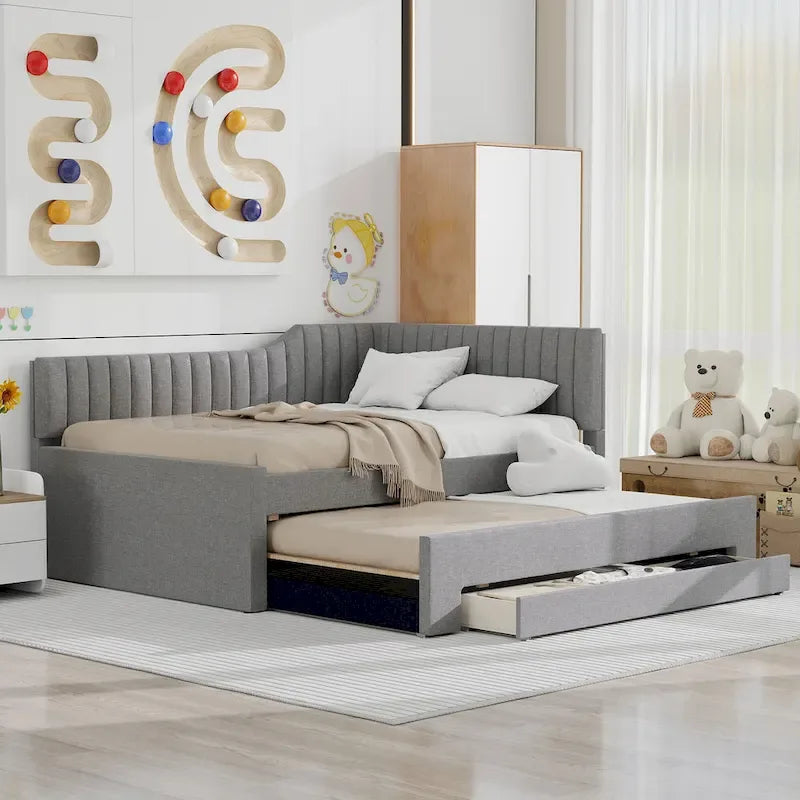 Full Size Upholstered Daybed with Trundle and Three Drawers, Gray
