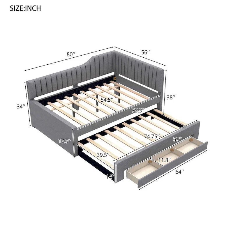 Full Size Upholstered Daybed with Trundle and Three Drawers, Gray