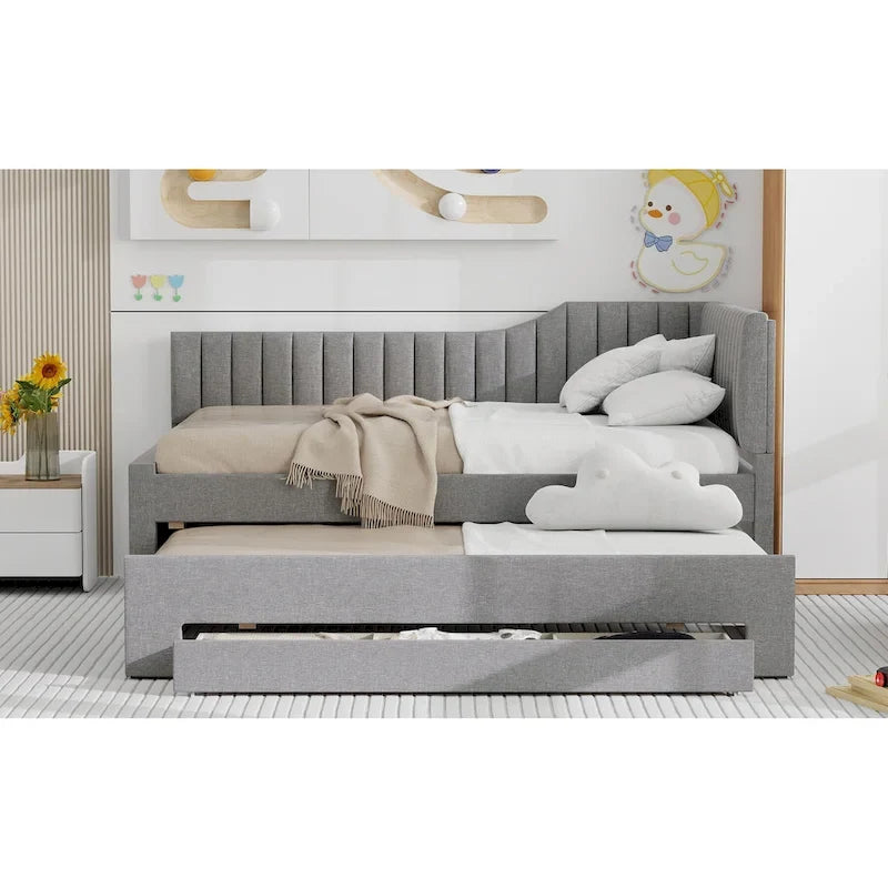 Full Size Upholstered Daybed with Trundle and Three Drawers, Gray