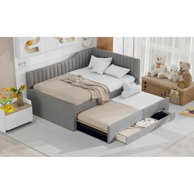 Full Size Upholstered Daybed with Trundle and Three Drawers, Gray