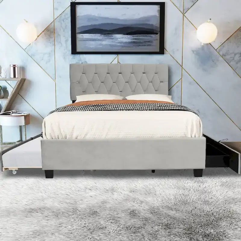 Queen Size Platform Bed with Gold Tufted Headboard, Trundle & Storage (600lb Capacity)