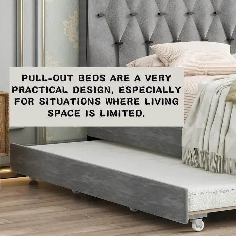 Queen Size Platform Bed with Gold Tufted Headboard, Trundle & Storage (600lb Capacity)