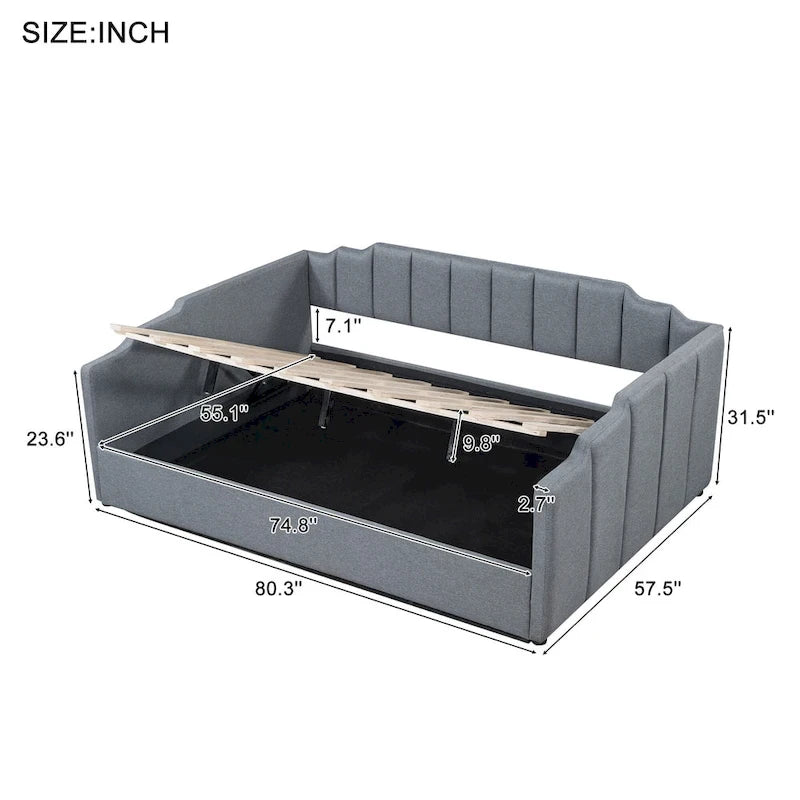 Upholstered Frame Daybed with Underneath Flip-up Storage and Irregular Guardrail, Full Size Sofa Bed for Bedroom Living Room