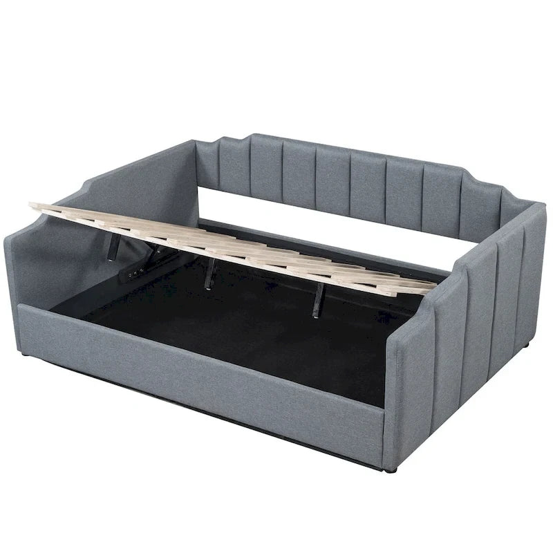Upholstered Frame Daybed with Underneath Flip-up Storage and Irregular Guardrail, Full Size Sofa Bed for Bedroom Living Room