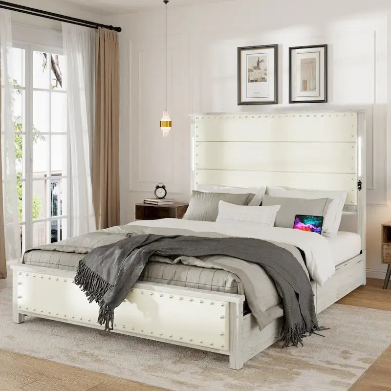 HEBZON Queen Size Bed Frame White MDF+Metal with Upholstered Headboard and 4 Storage Drawers