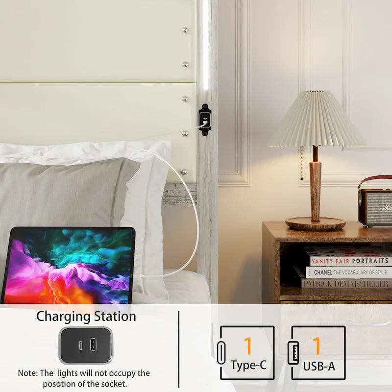 HEBZON Queen Size Bed Frame White MDF+Metal with Upholstered Headboard and 4 Storage Drawers