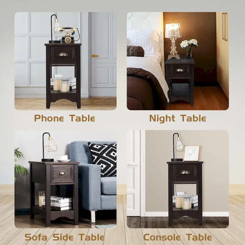 Gymax Set of 2 Contemporary Side End Table Compact Table w/ Drawer - 13 X 22 X 23 (L X W X H)
