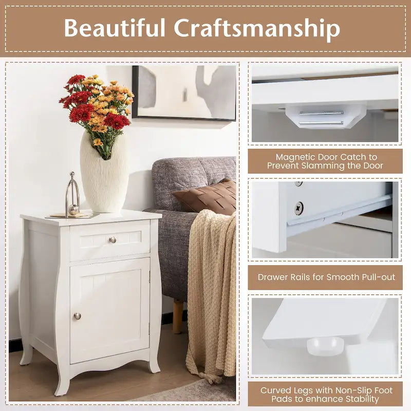 Costway 2PCS Nightstand with Drawer Cabinet Curved Legs Sofa Side End
