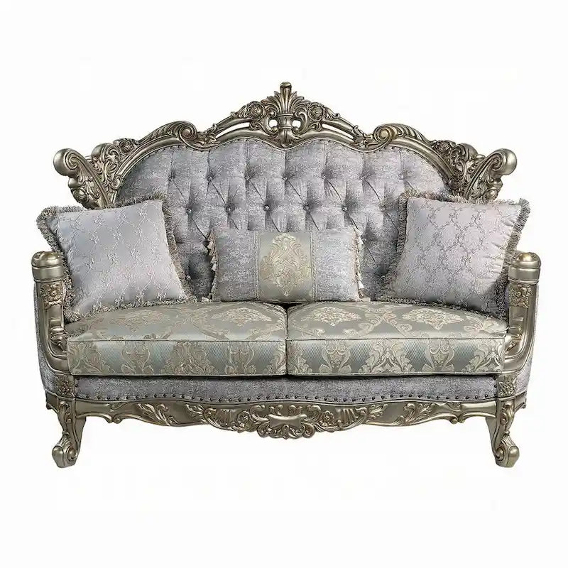 Royale Loveseat, 3 Pillows, Gray Fabric, Antique Bronze Wood, 73 Inch