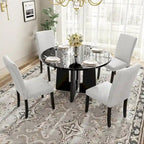 5 Pcs Wood Kitchen Table and Chair Set, 4 People Round Dining Table Set with Faux Marble Top and 4 Upholstered Chairs
