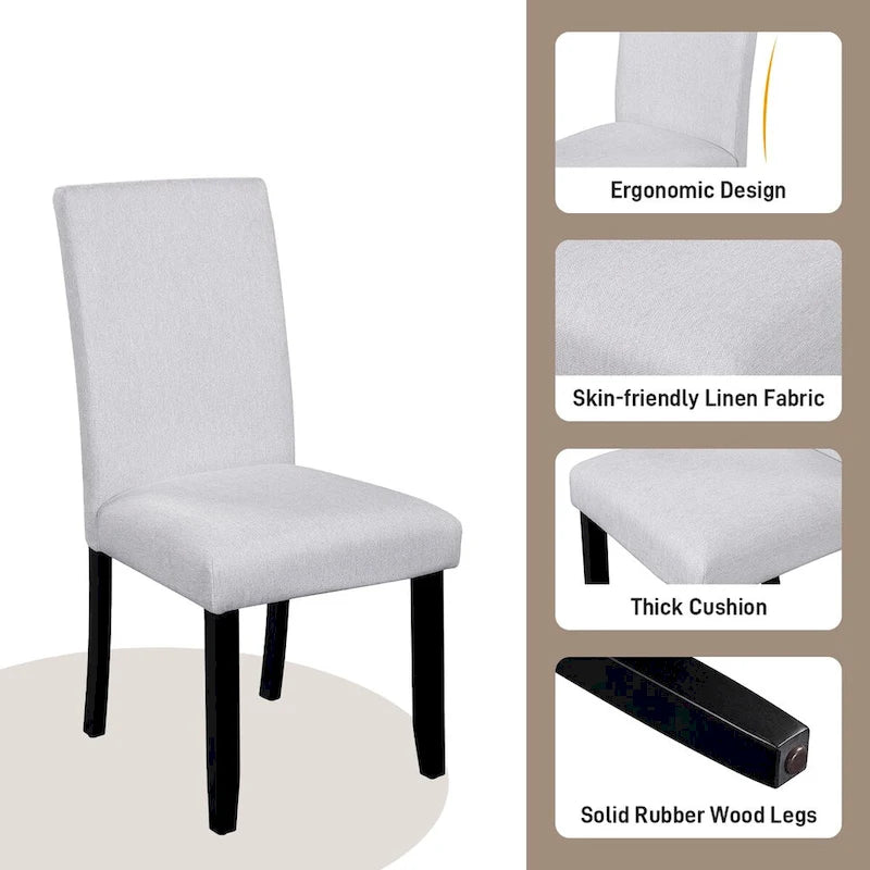 5 Pcs Wood Kitchen Table and Chair Set, 4 People Round Dining Table Set with Faux Marble Top and 4 Upholstered Chairs