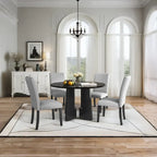 5 Pcs Wood Kitchen Table and Chair Set, 4 People Round Dining Table Set with Faux Marble Top and 4 Upholstered Chairs