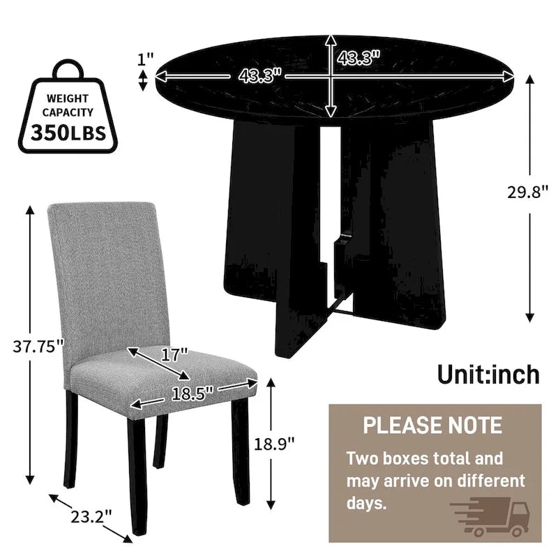 5 Pcs Wood Kitchen Table and Chair Set, 4 People Round Dining Table Set with Faux Marble Top and 4 Upholstered Chairs