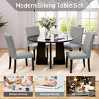 5 Pcs Wood Kitchen Table and Chair Set, 4 People Round Dining Table Set with Faux Marble Top and 4 Upholstered Chairs