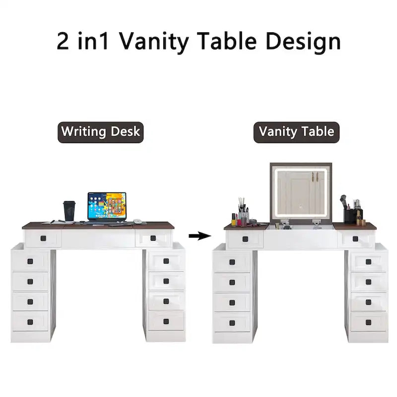 Vanity Desk with Dimmable LED Light, Makeup Table with Flip-Up Mirror, Vanity Table Set Including Stool and Drawers