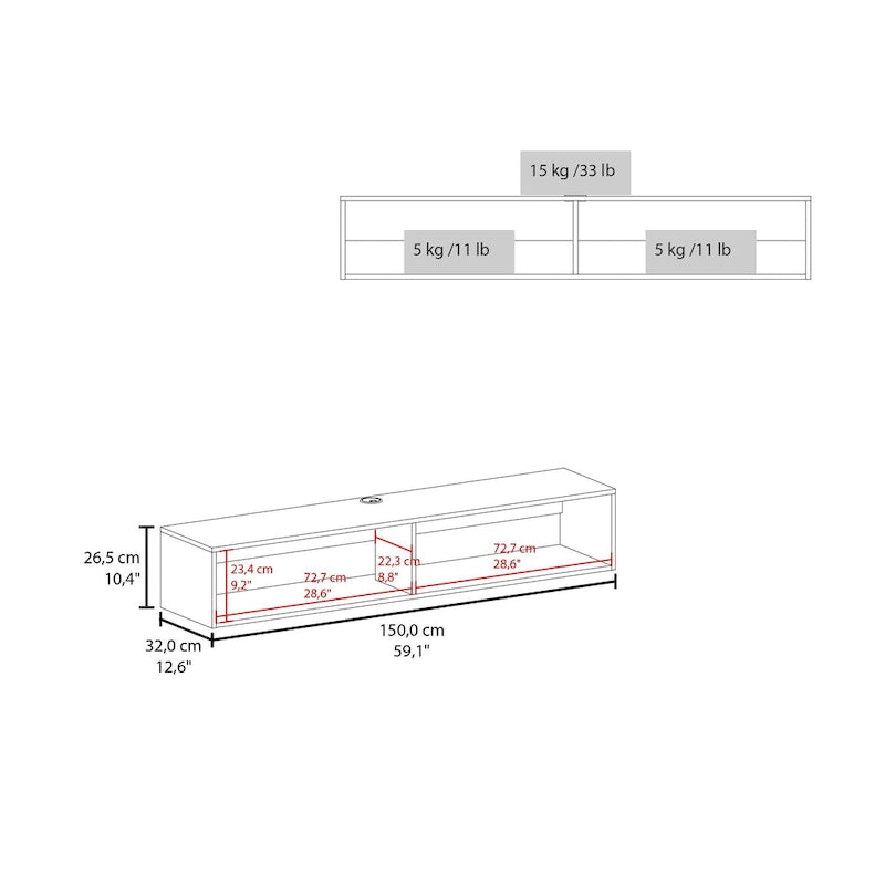 Modern TV Console Wall Mounted 59 Floating Media Stand with Shelves and Cable Management - 10.4H x 59.1W x 12.6D