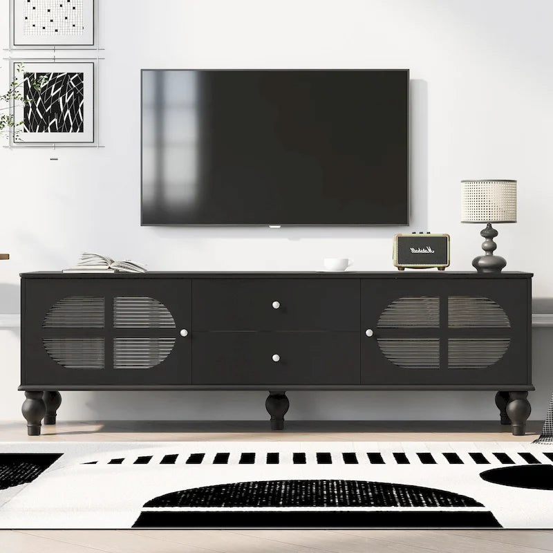 Modern Minimalist TV Stand with 2 Storage Cabinets, 2 Drawer and Cable Management for Living Room Bedroom