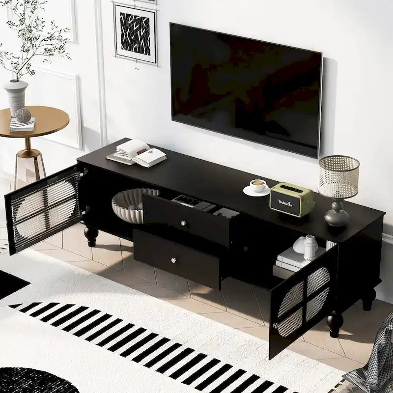 Modern Minimalist TV Stand with 2 Storage Cabinets, 2 Drawer and Cable Management for Living Room Bedroom
