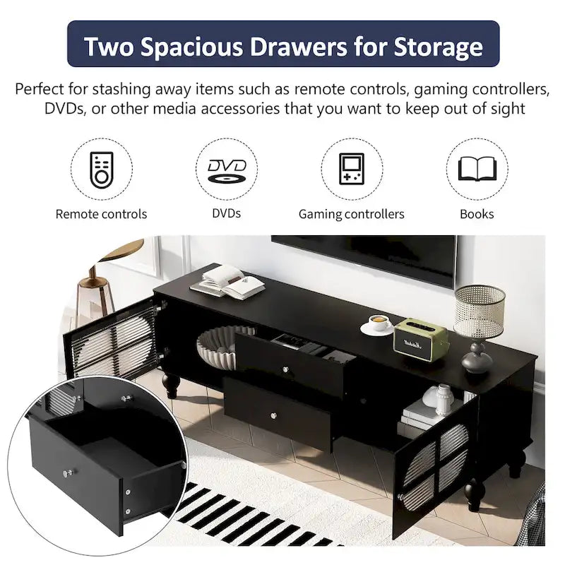Modern Minimalist TV Stand with 2 Storage Cabinets, 2 Drawer and Cable Management for Living Room Bedroom