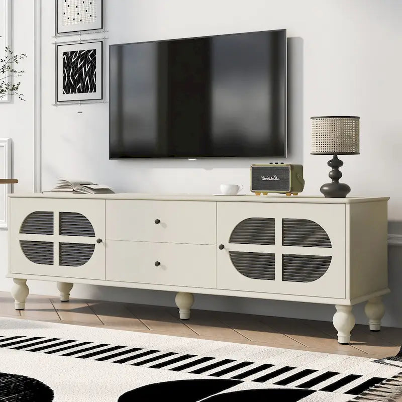 Modern Minimalist TV Stand with 2 Storage Cabinets, 2 Drawer and Cable Management for Living Room Bedroom