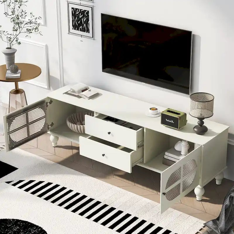 Modern Minimalist TV Stand with 2 Storage Cabinets, 2 Drawer and Cable Management for Living Room Bedroom