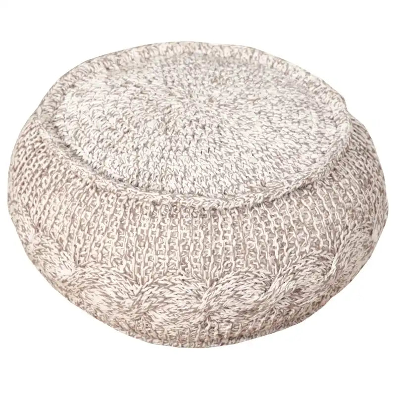 20 Inch Beige Cotton Pouf Ottoman with Geometric Design for Living Room