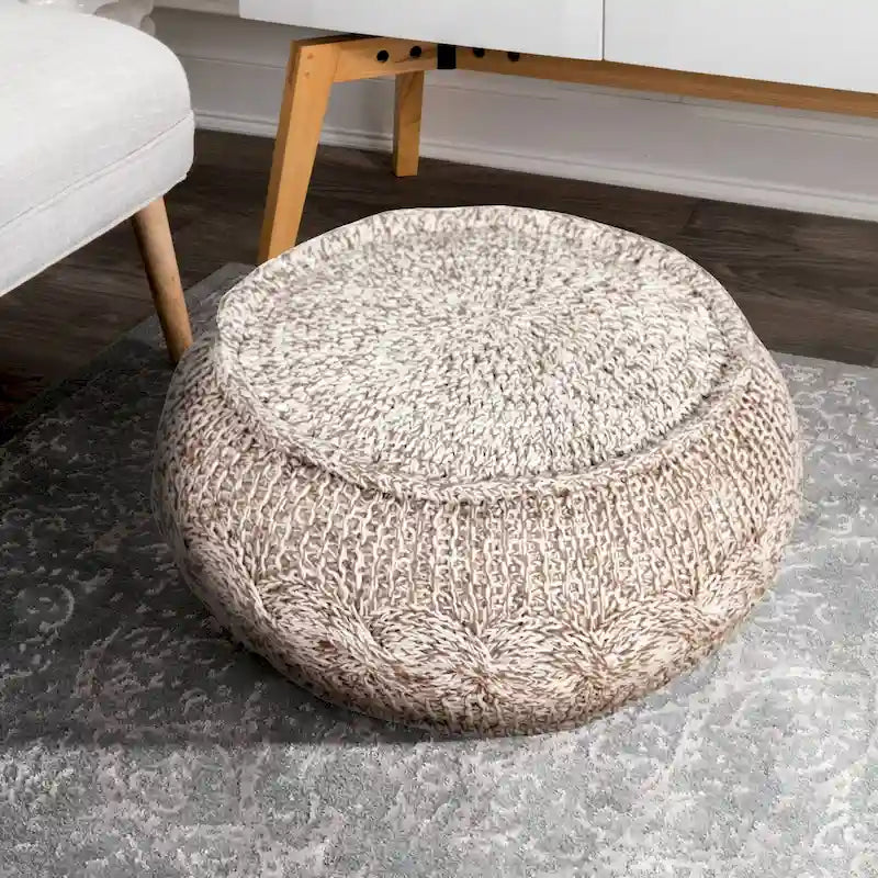 20 Inch Beige Cotton Pouf Ottoman with Geometric Design for Living Room