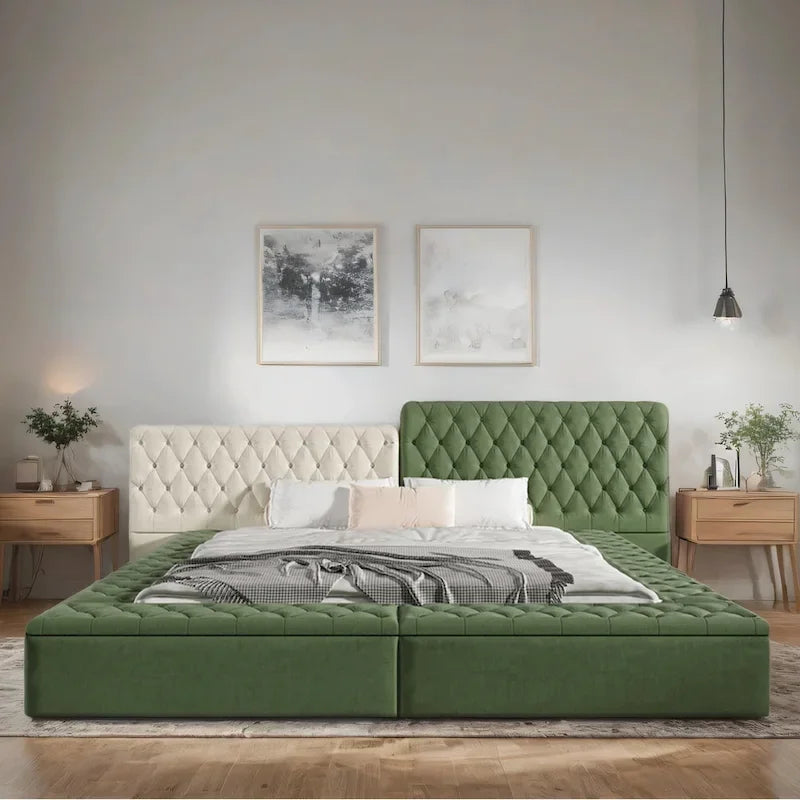 King Size Upholstered Bed with Storage Compartments and Footboard