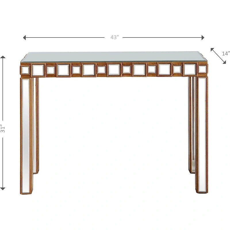Gold Mirrored Rectangular Console Table and Four-Leg Glass Base - 43 L x 14 W x 31 H