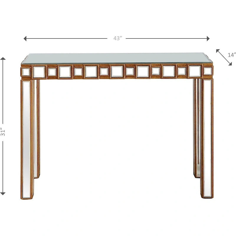 Gold Mirrored Rectangular Console Table and Four-Leg Glass Base - 43 L x 14 W x 31 H