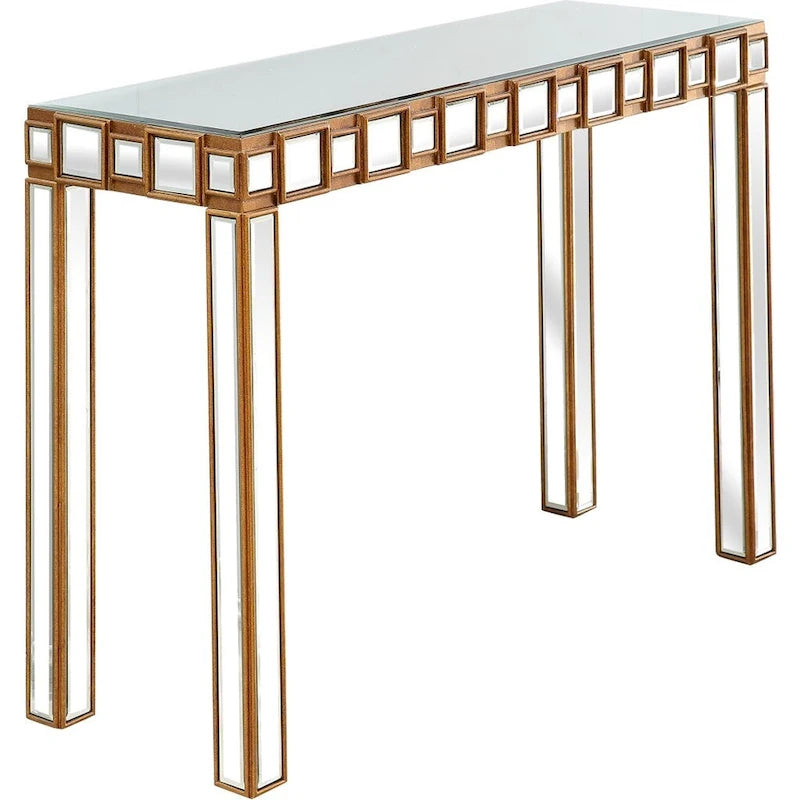 Gold Mirrored Rectangular Console Table and Four-Leg Glass Base - 43 L x 14 W x 31 H
