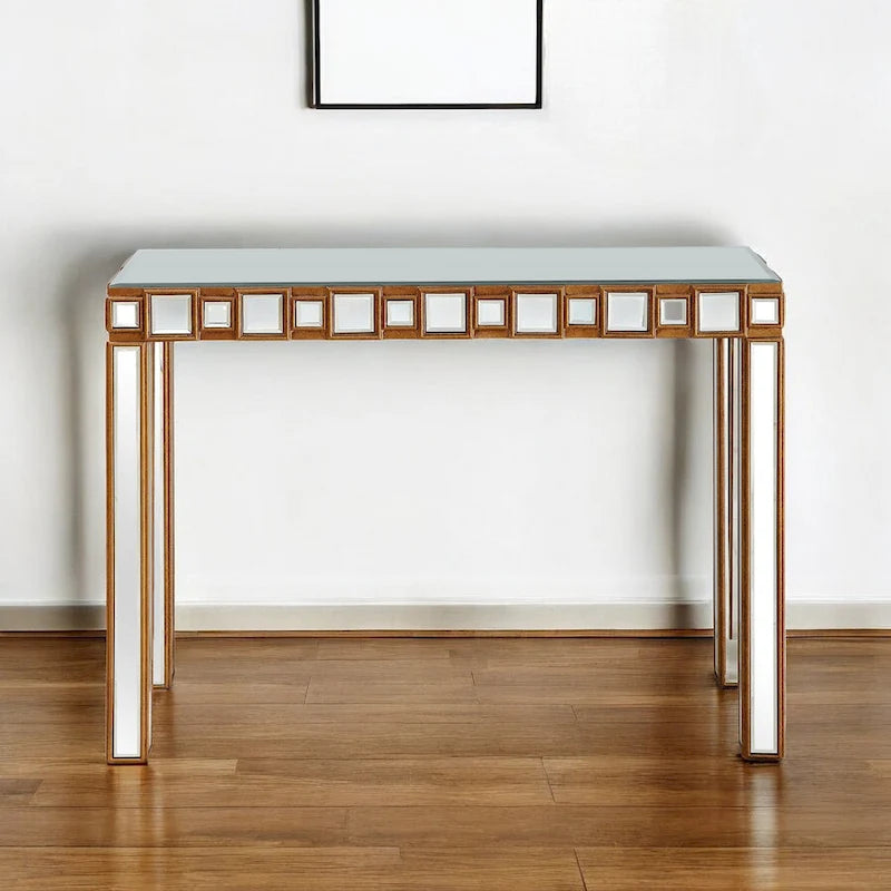 Gold Mirrored Rectangular Console Table and Four-Leg Glass Base - 43 L x 14 W x 31 H