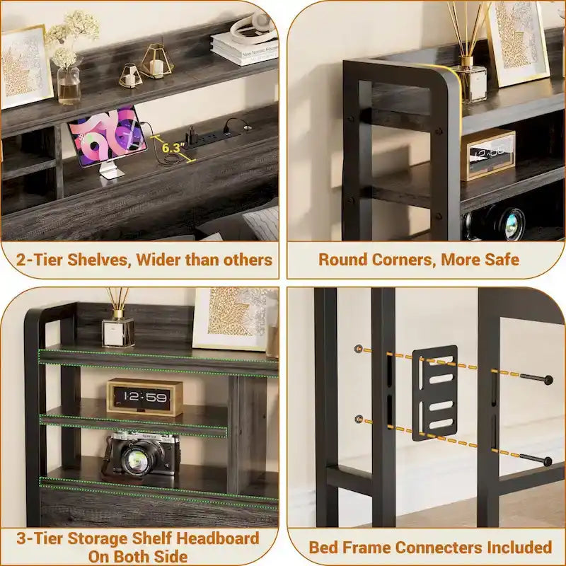 Storage Headboard with USB Port and Power Outlet, Head Board with LED Light for Bed Frame