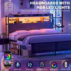 Storage Headboard with USB Port and Power Outlet, Head Board with LED Light for Bed Frame