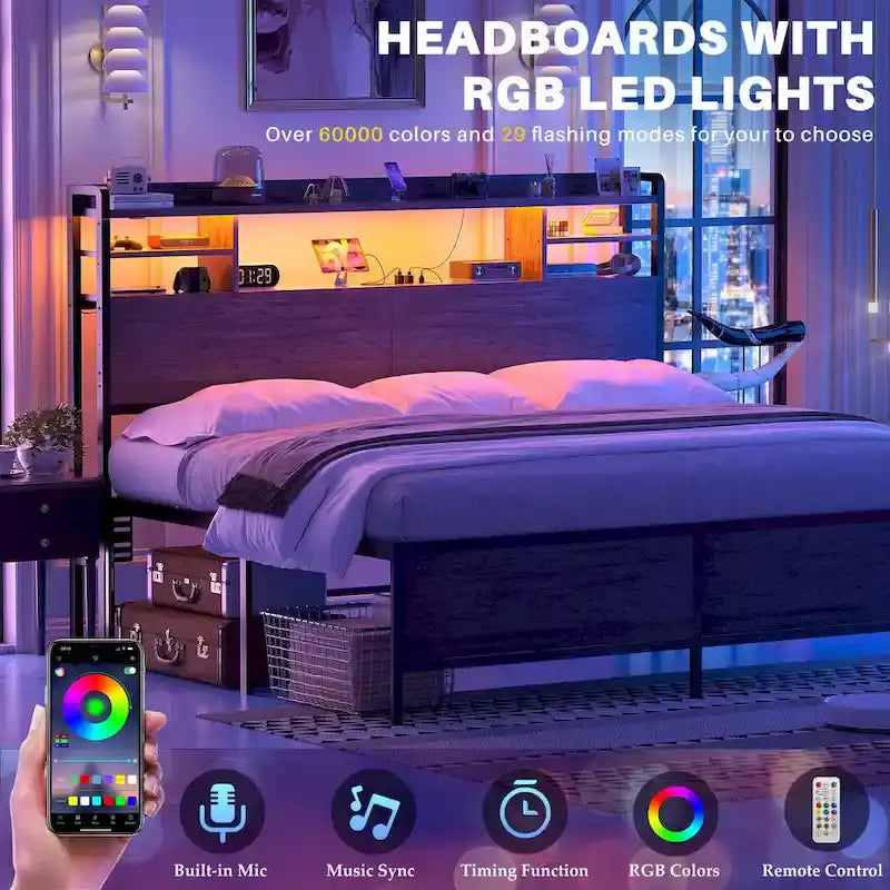 Storage Headboard with USB Port and Power Outlet, Head Board with LED Light for Bed Frame