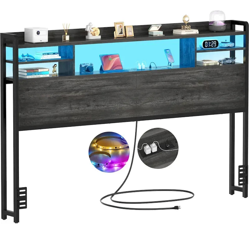 Storage Headboard with USB Port and Power Outlet, Head Board with LED Light for Bed Frame