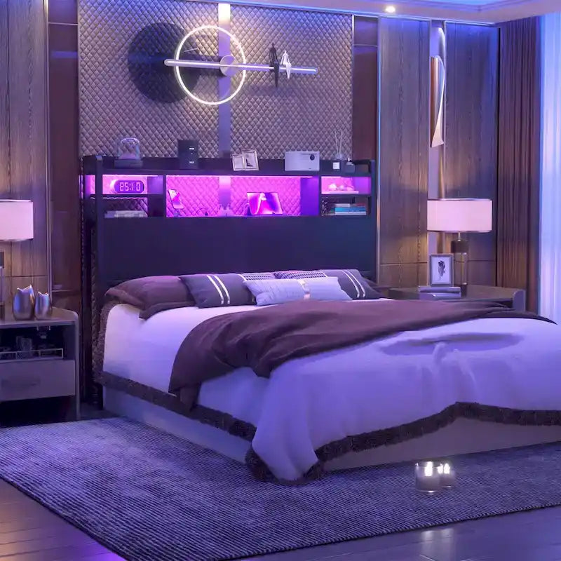 Storage Headboard with USB Port and Power Outlet, Head Board with LED Light for Bed Frame