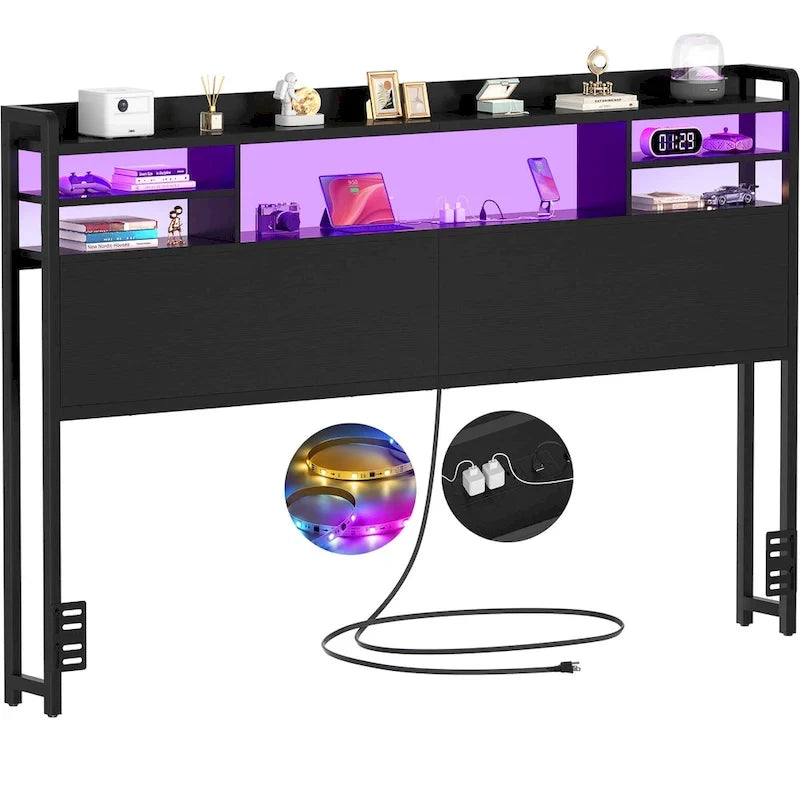 Storage Headboard with USB Port and Power Outlet, Head Board with LED Light for Bed Frame