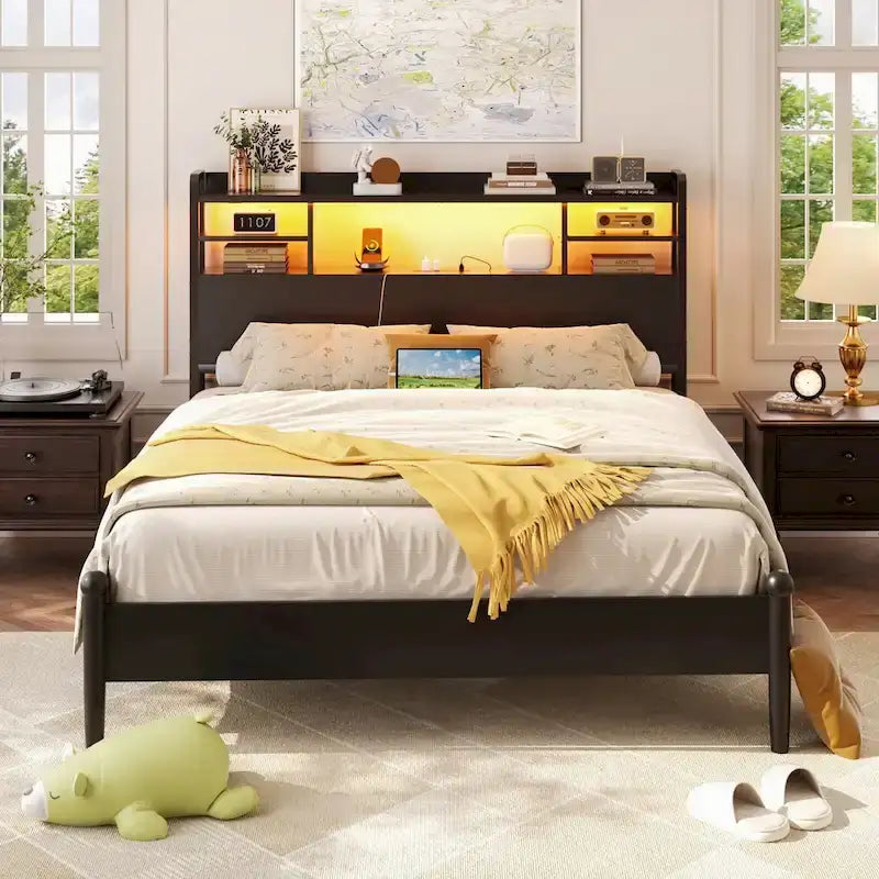 Storage Headboard with USB Port and Power Outlet, Head Board with LED Light for Bed Frame