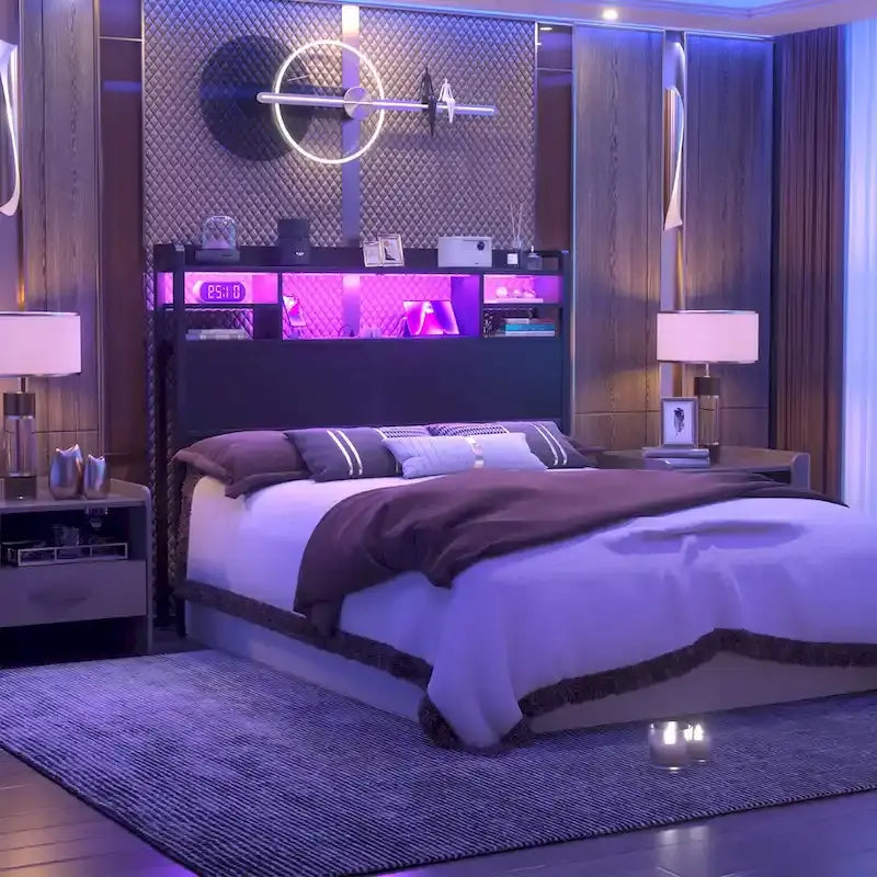 Storage Headboard with USB Port and Power Outlet, Head Board with LED Light for Bed Frame
