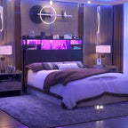 Storage Headboard with USB Port and Power Outlet, Head Board with LED Light for Bed Frame