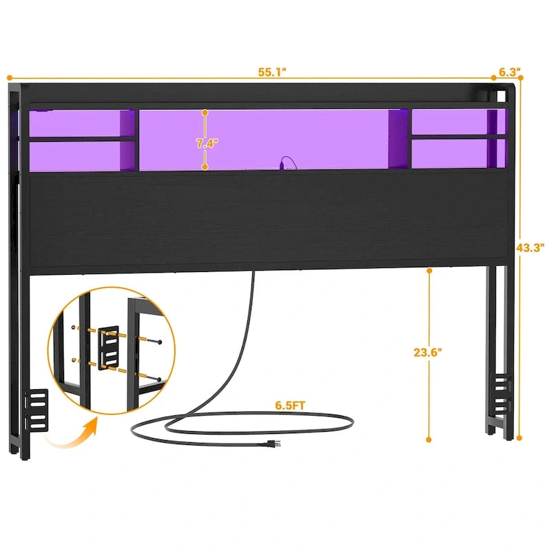 Storage Headboard with USB Port and Power Outlet, Head Board with LED Light for Bed Frame