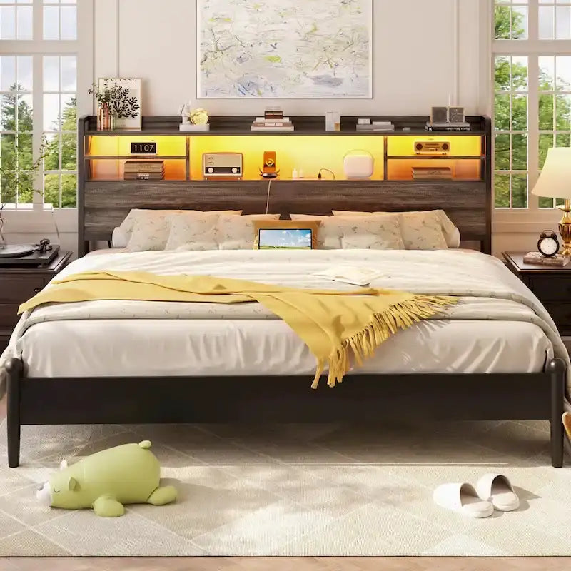 Storage Headboard with USB Port and Power Outlet, Head Board with LED Light for Bed Frame
