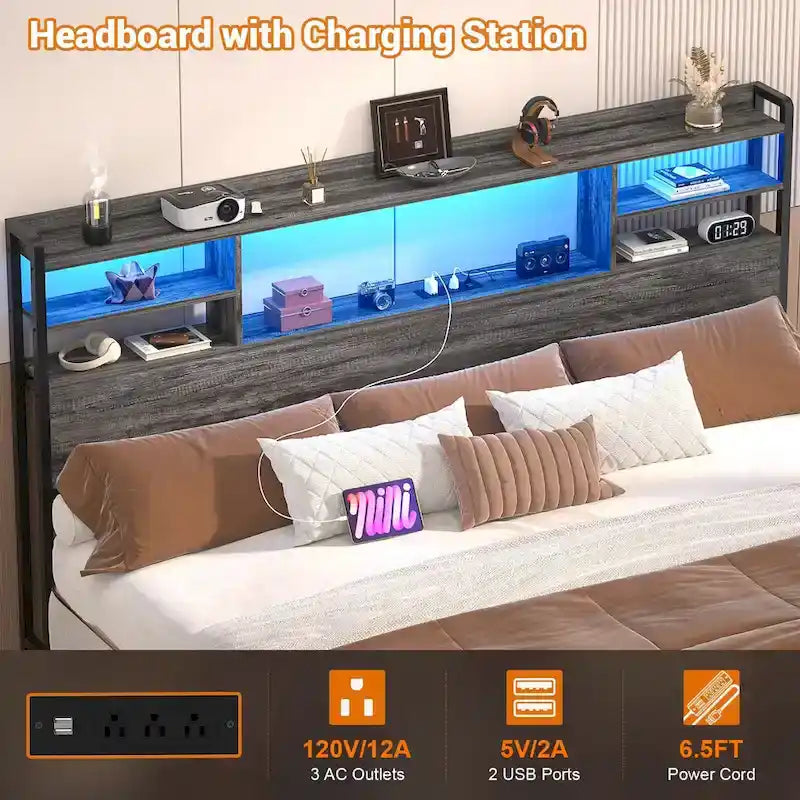 Storage Headboard with USB Port and Power Outlet, Head Board with LED Light for Bed Frame
