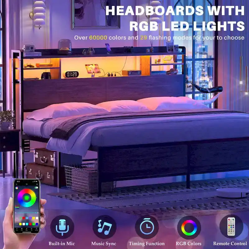 Storage Headboard with USB Port and Power Outlet, Head Board with LED Light for Bed Frame
